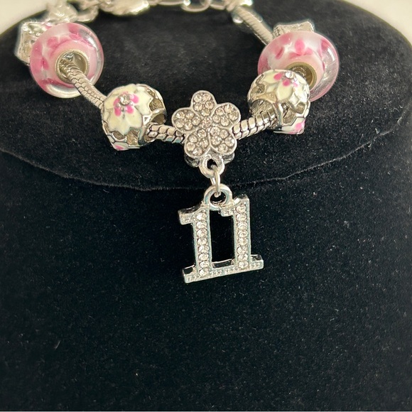 8" Charm Bracelet Silver Happy 11th Birthday Crystal Pave Setting, Enamel Beads - Picture 5 of 8
